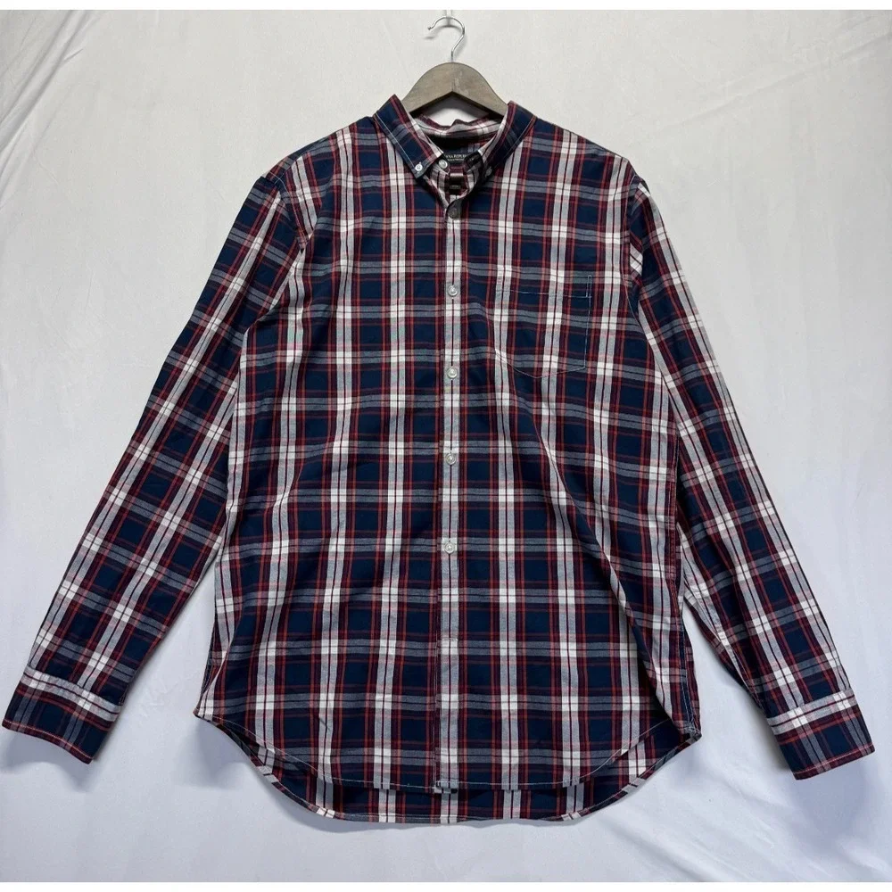 Banana Republic Cotton Stretch Pinpoint Oxford Shirt Men L Multi Plaid Grant Fit